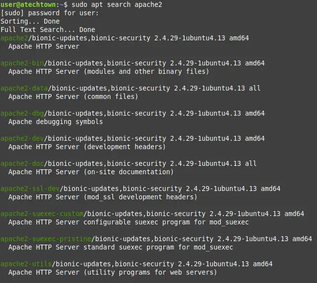 Searching for Apache on the Ubuntu repositories