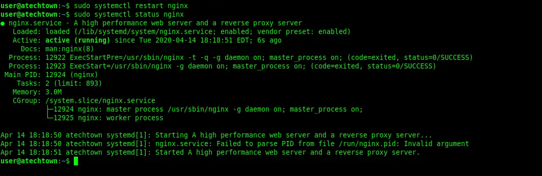 Nginx service status after the changes