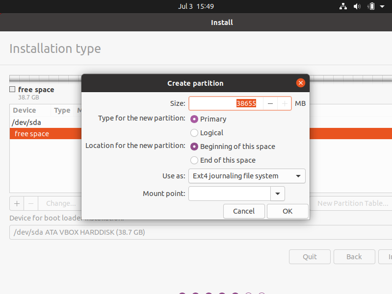 Creating a new partition for Ubuntu
