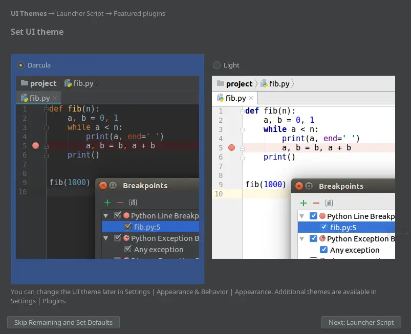 Set the UI them for PyCharm on Ubuntu 20.04