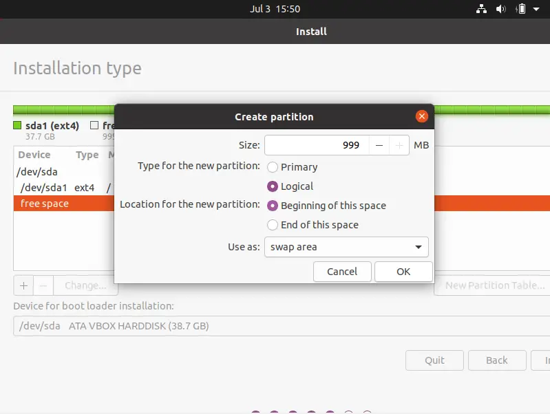 Create the swap partition to install Ubuntu 20.04