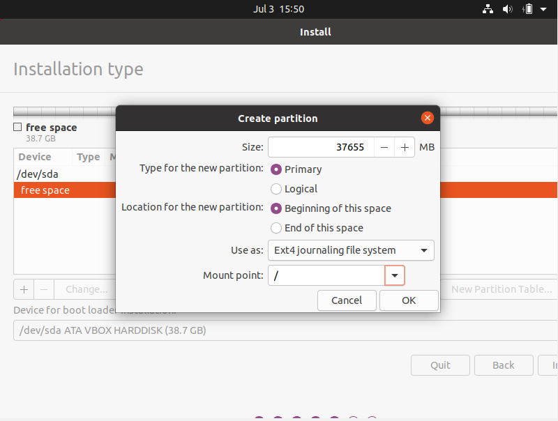The partition for the Ubuntu Installation
