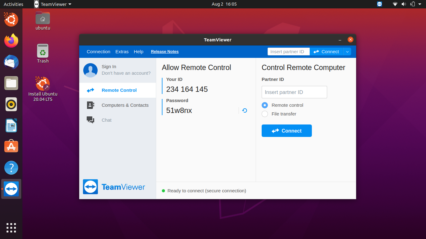 TeamViewer running on Ubuntu 20.04