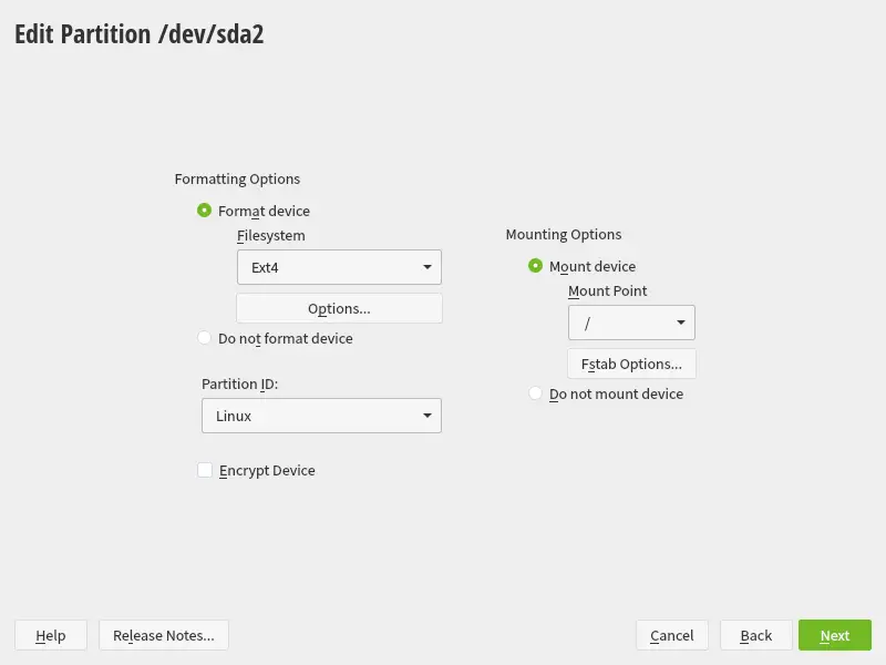 Creating the main partition to install OpenSUSE