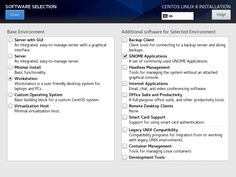 Software to install on the CentOS installation