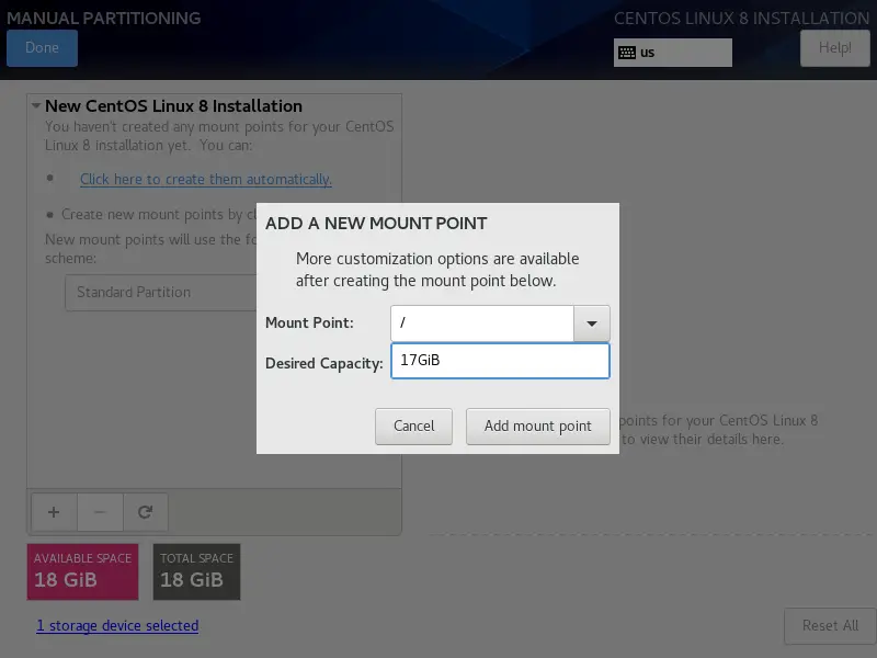 Creating the main partition to install CentOS 8