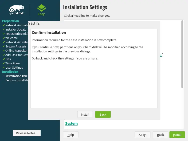 Confirm the OpenSUSE installation