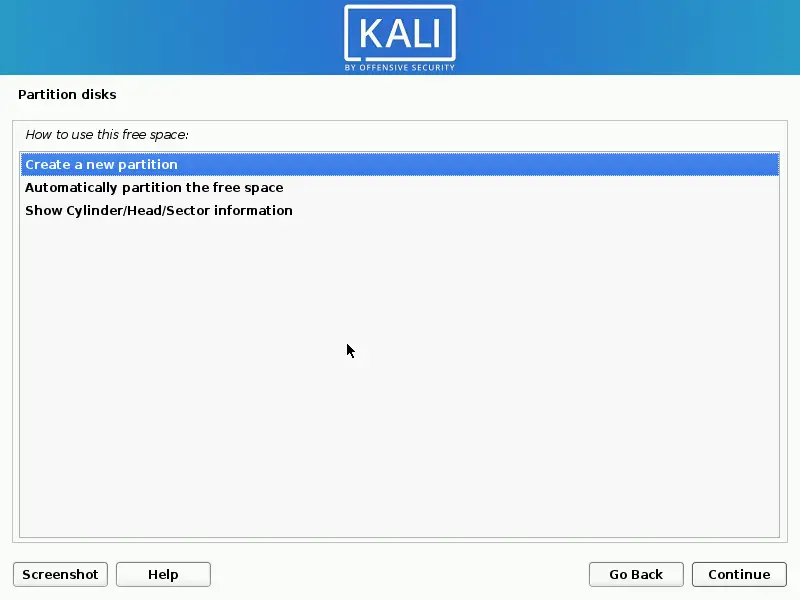 Create the main partition for Kali Linux