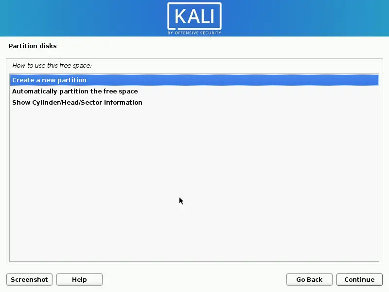 Creating the swap partition to install Kali