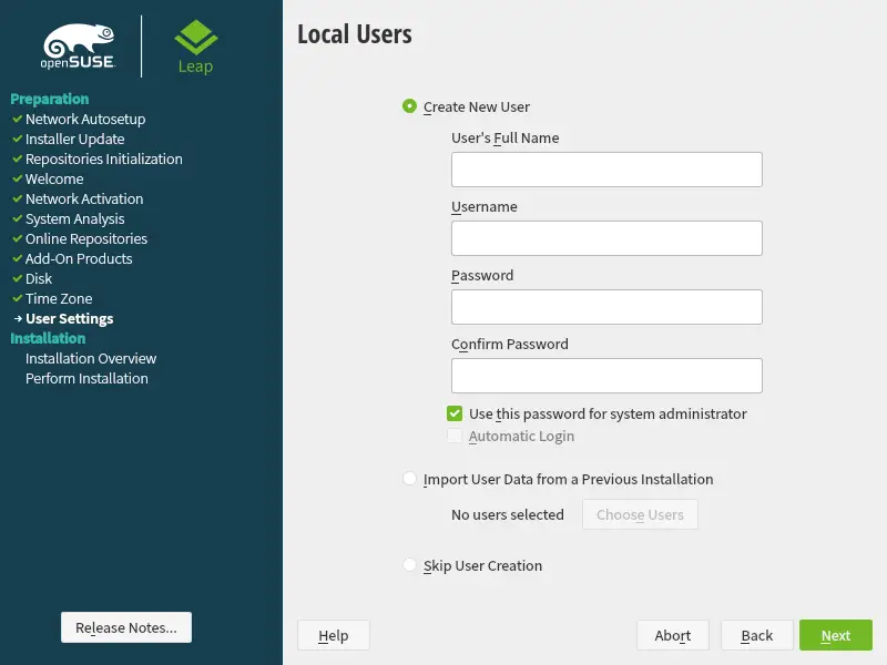 Create the new user to install OpenSUSE