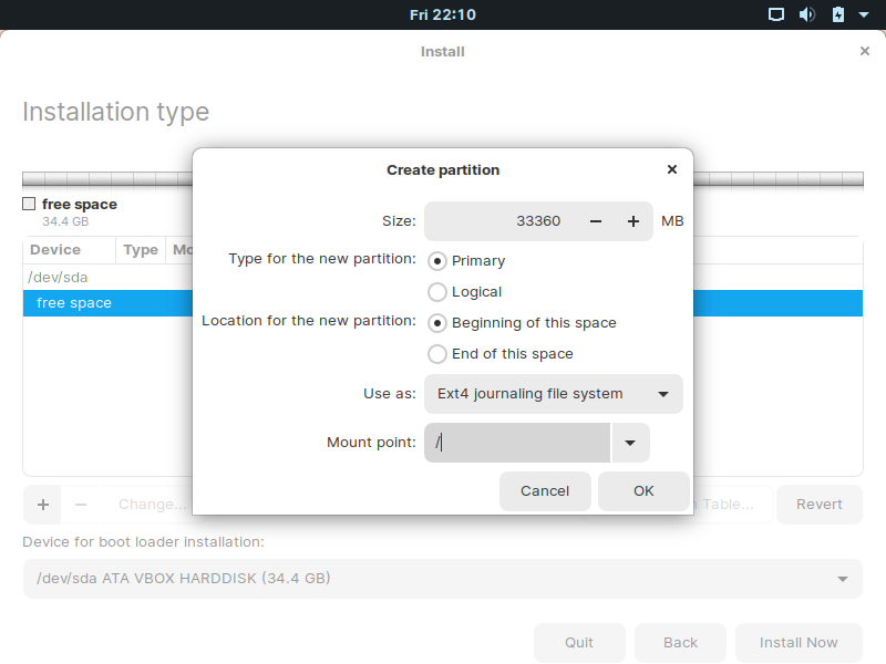 Creating the main partition to install Zorin OS