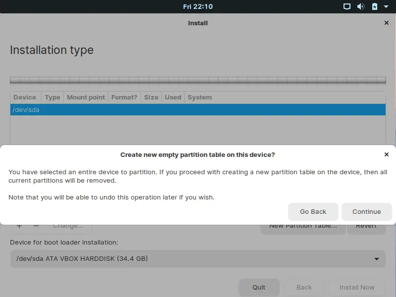 Creating the new Partition Table