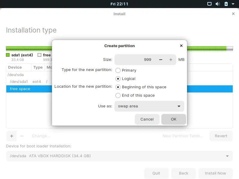 Creating the Swap partition for Zorin OS