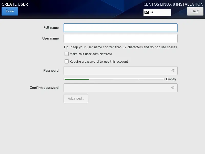 Create the new user to install CentOS