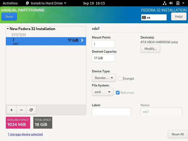 Creating the main partition to install Fedora