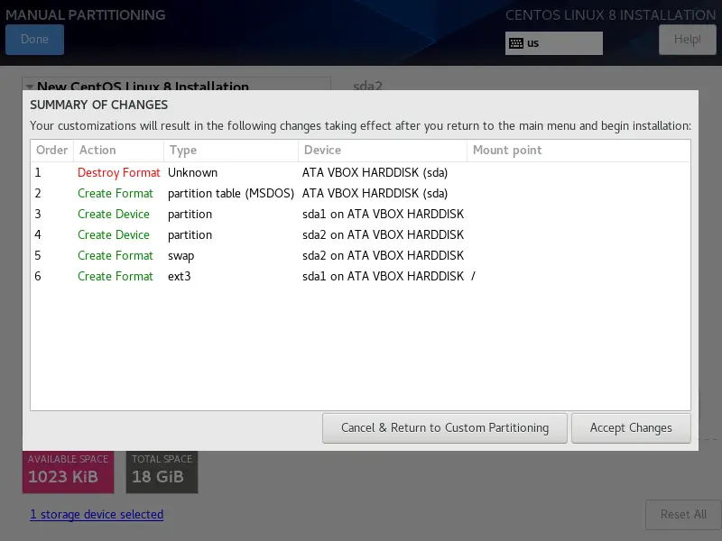 All disk changes that the installer will make