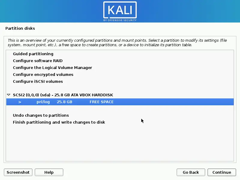 Preparing the disk for installing Kali