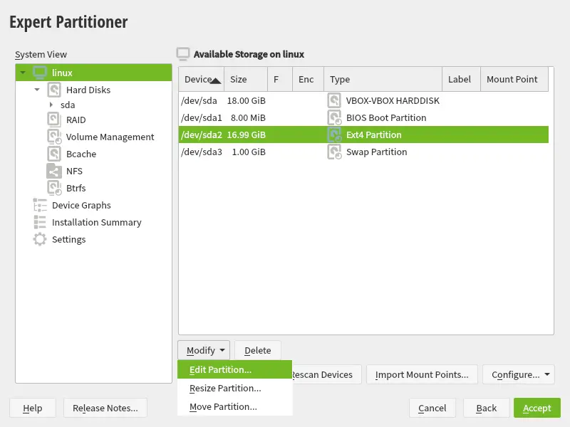 Edit the partition options