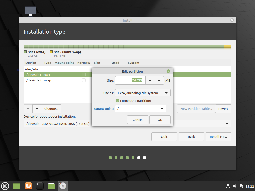 Edit the main partition where Linux Mint will be installed