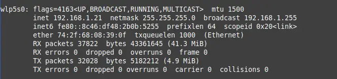 ifconfig command output showing ip address