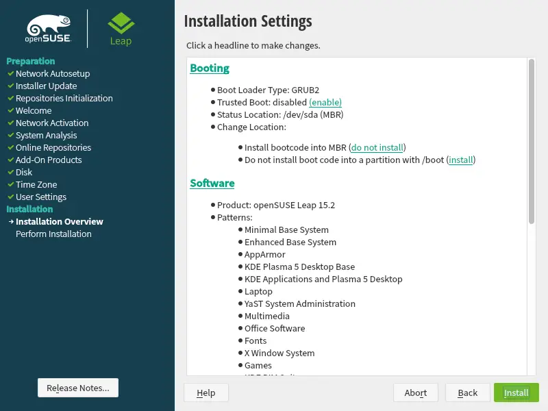 Installation Settings screen