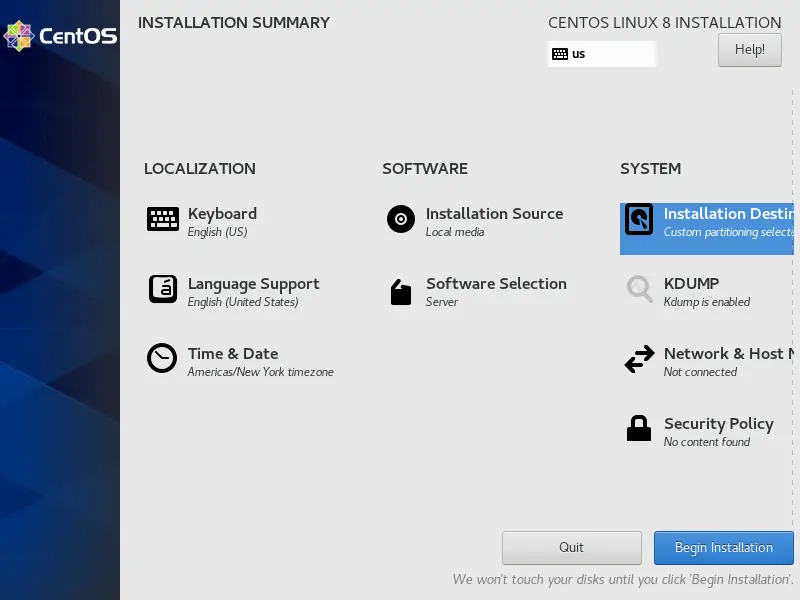 Installation summary after disk changes