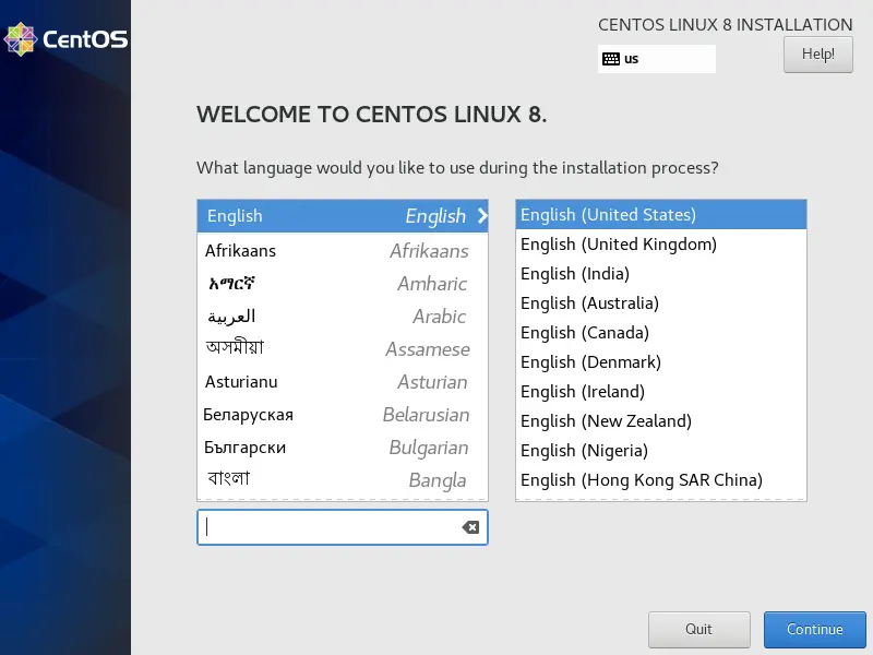 Select the Language installation