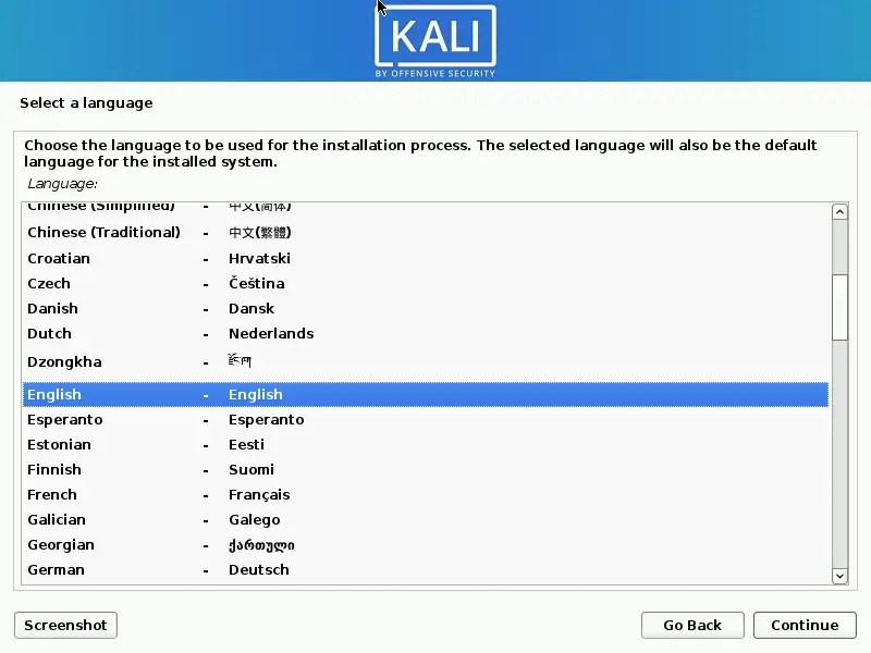 Select the installation Language