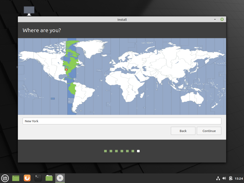 Select your current location to install Linux Mint
