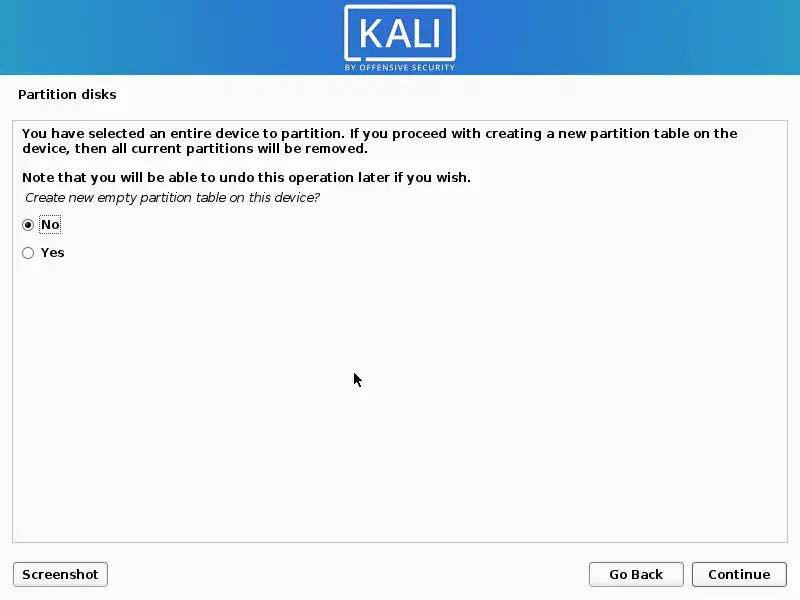 Create e new partition table for the empty disk