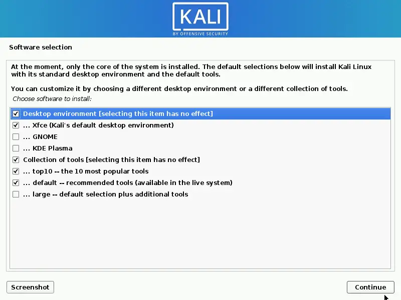 Kali Software selection 