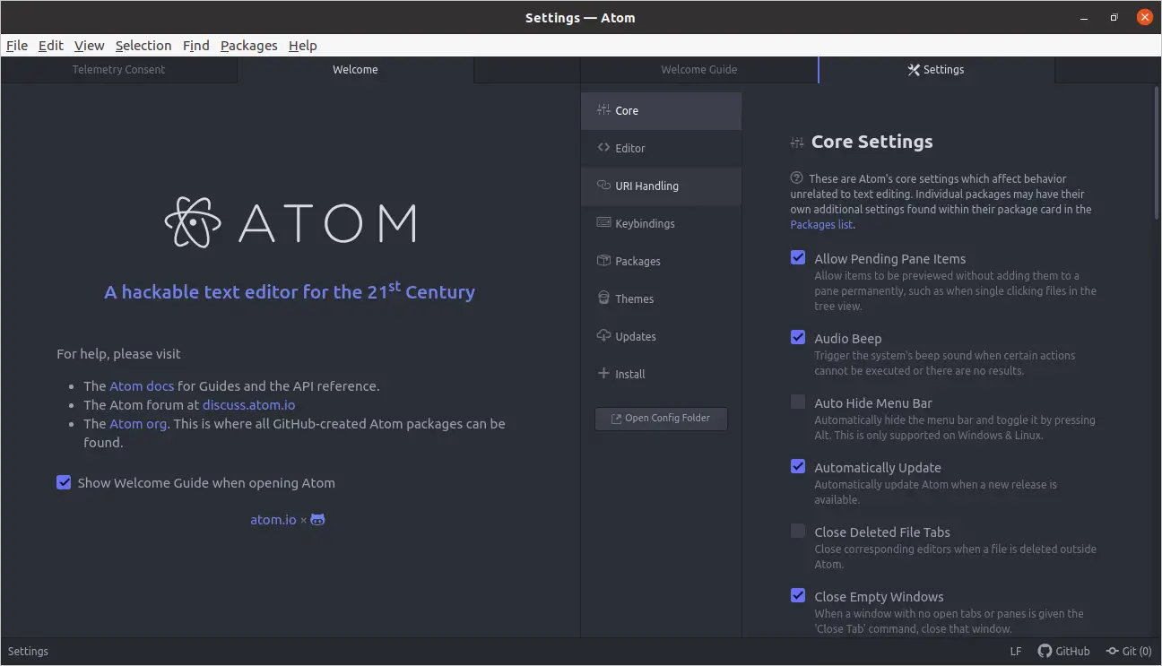 The Atom text editor settings on Ubuntu 20.04