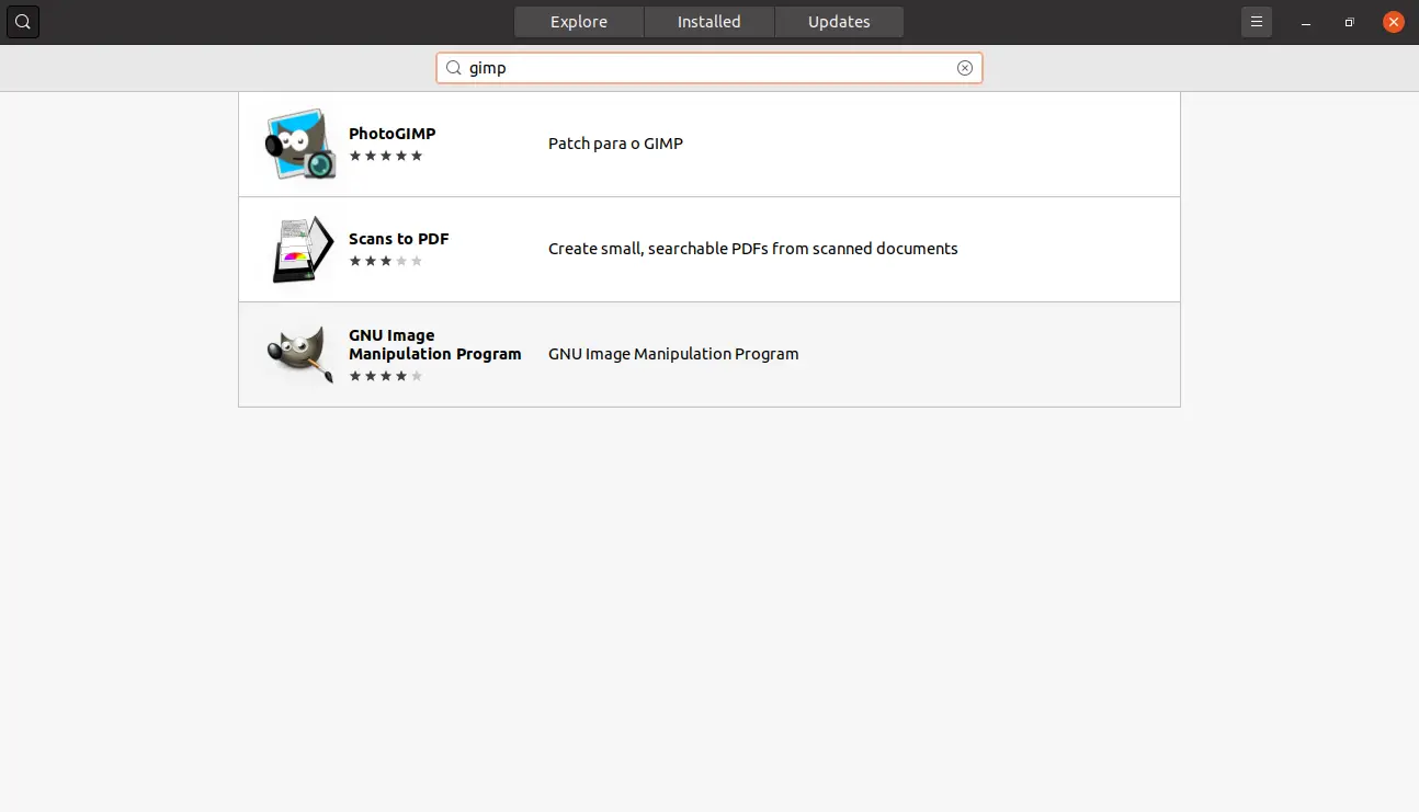 searching for GIMP on the Ubuntu Software center 