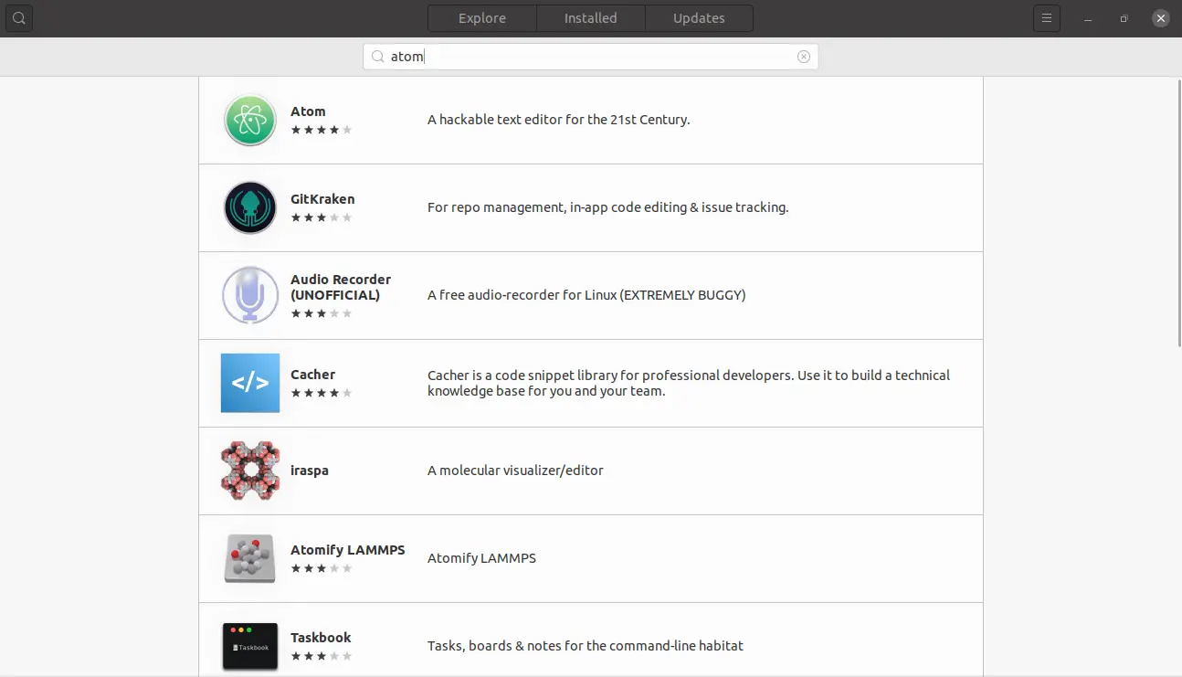 Searching for Atom on the Ubuntu software center