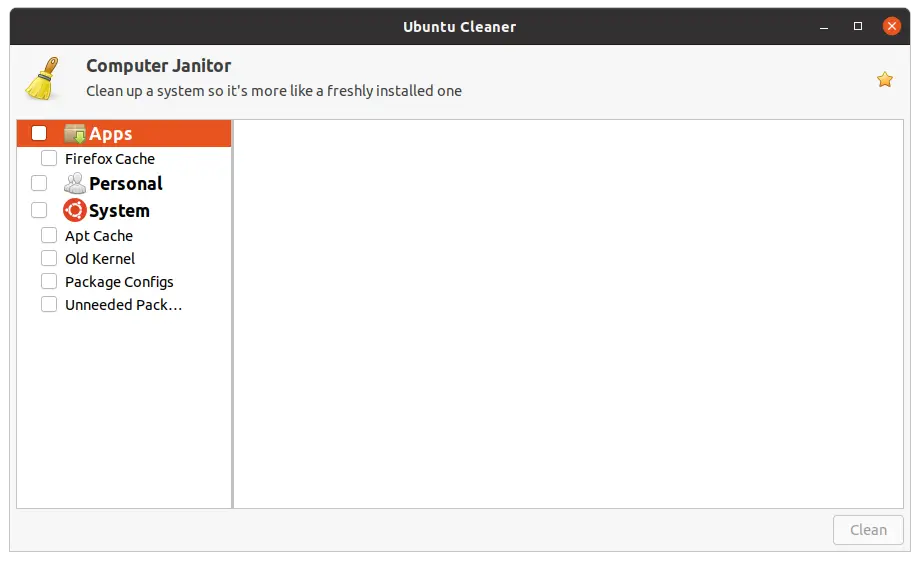 Ubuntu Cleaner interface on Ubuntu 20.04