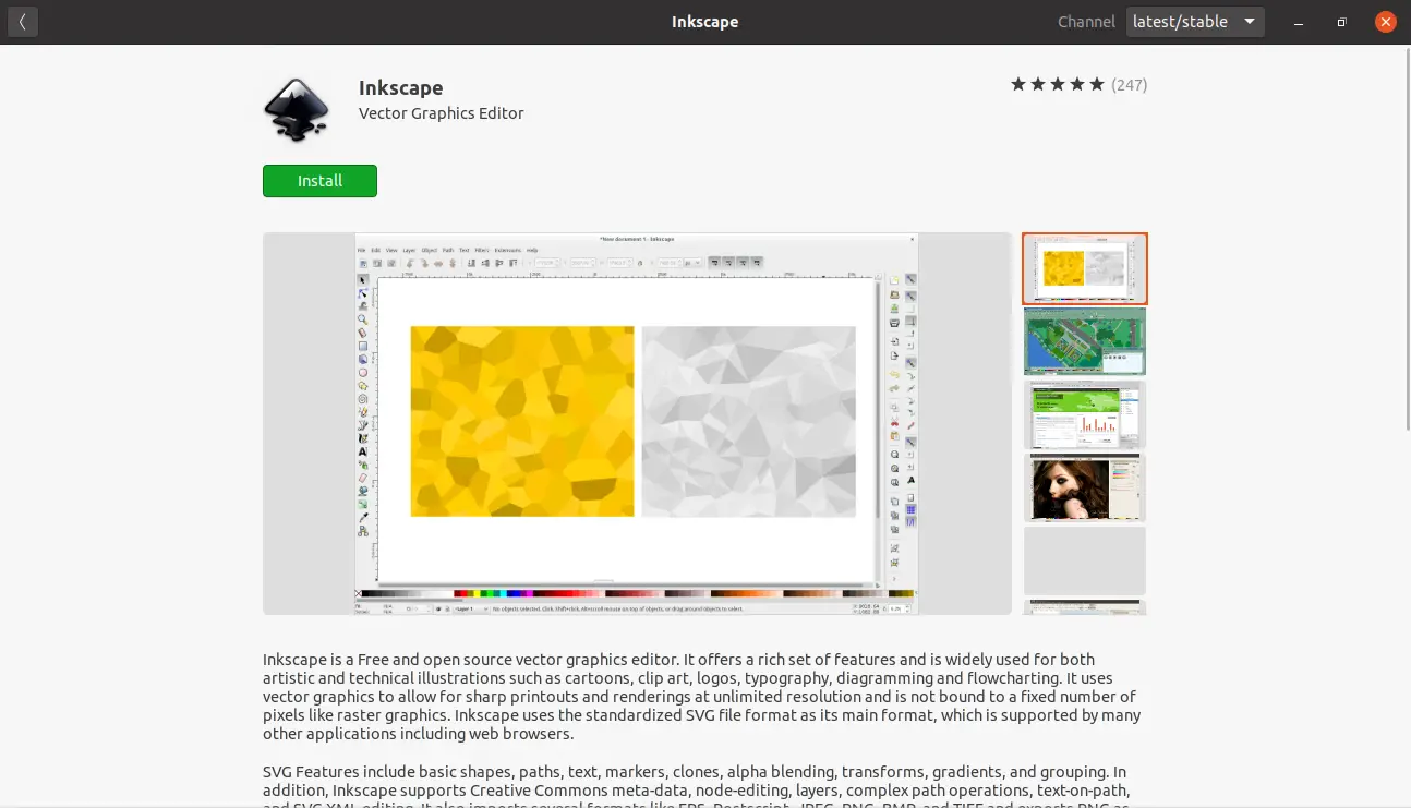 The Inkscape info on the Ubuntu Software center