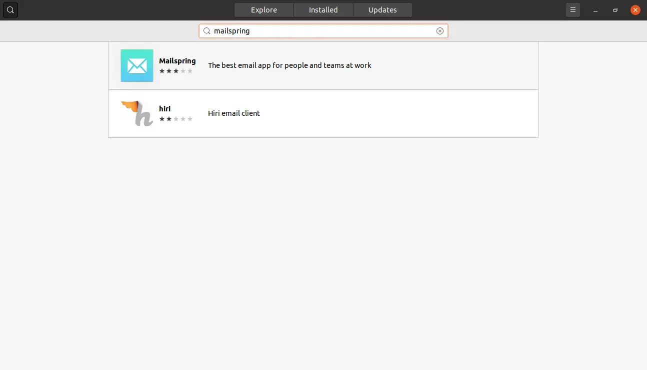 Searching for Mailspring on the Ubuntu Software center