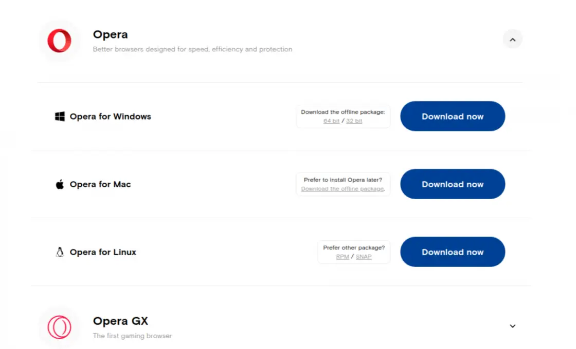 Opera Downloads page