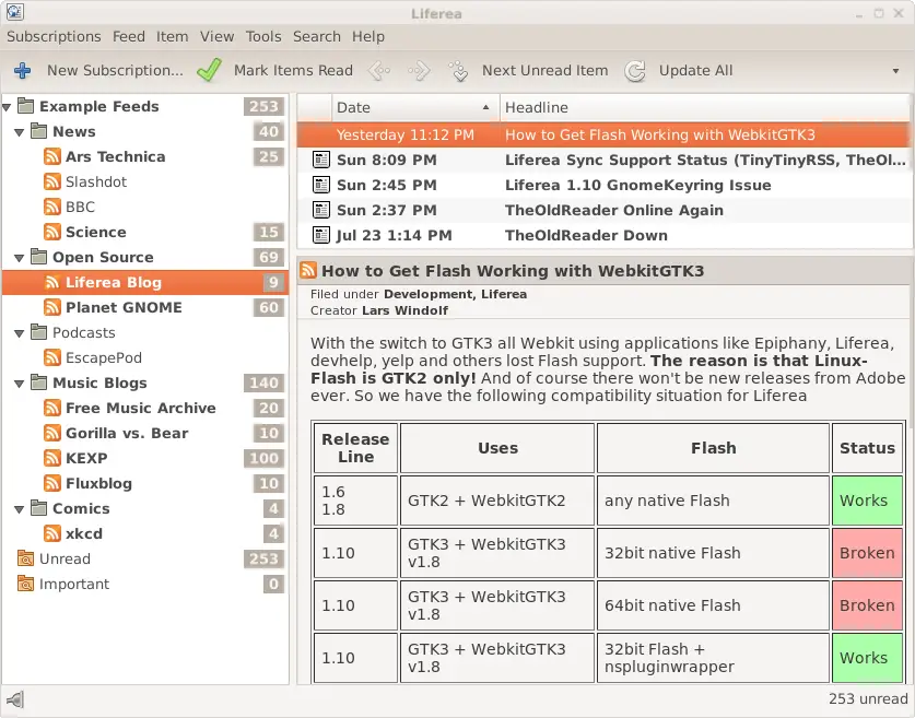 Liferea one of the best Feed Readers for Linux