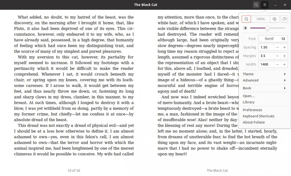 Main Menu of Foliate ePub Reader on Ubuntu 20.04