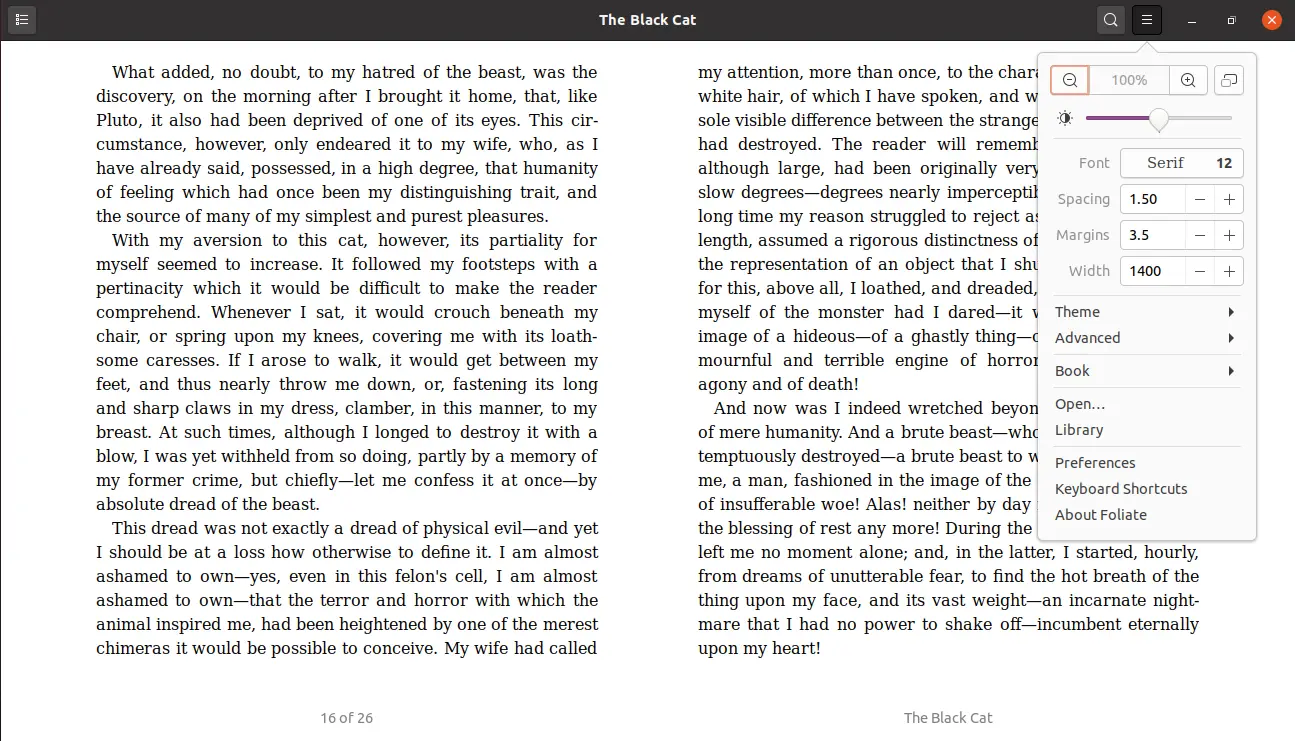 Main Menu of Foliate ePub Reader on Ubuntu 20.04