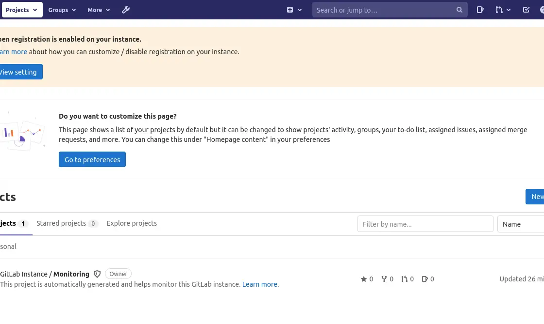 Gitlab main screen - Gitlab installed on Debian 10