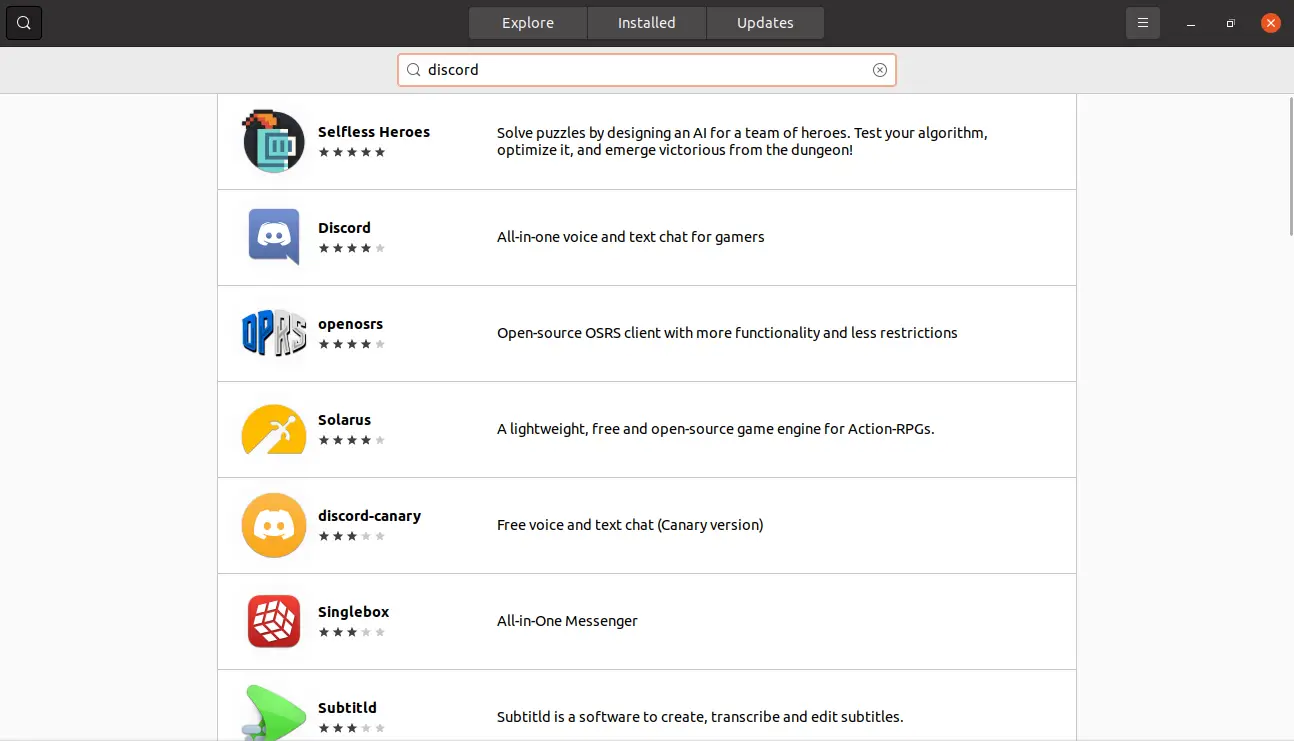 Searching for Discord on the Ubuntu Software Center