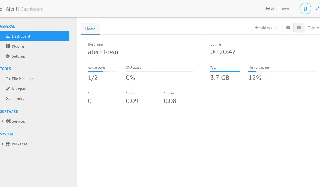 Ajenti main screen or dashboard