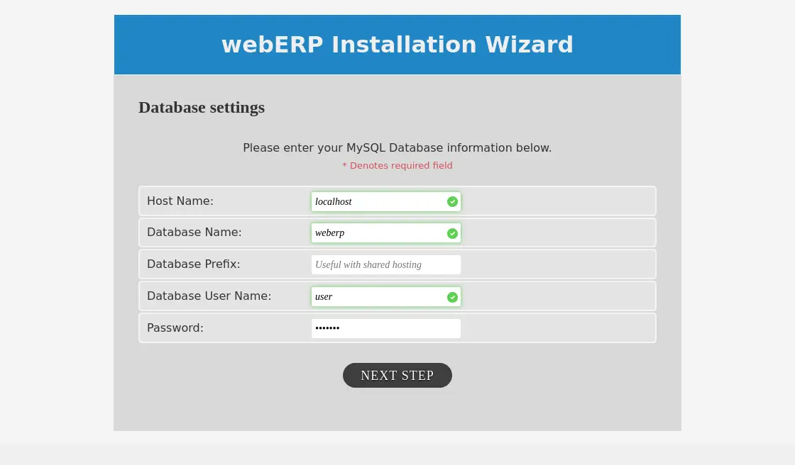 Database settings screen
