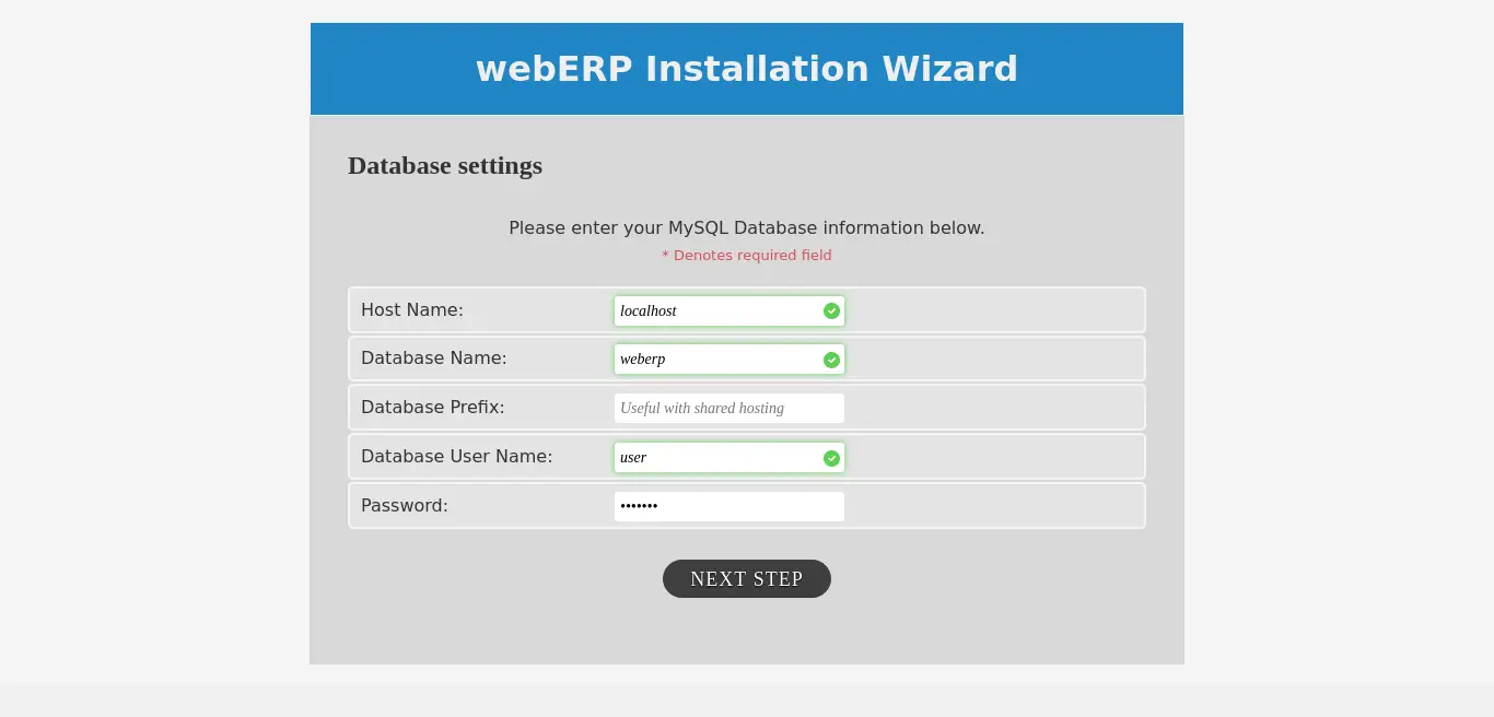 Database settings screen