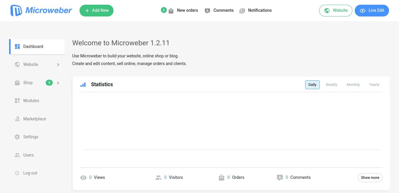 Microweber dashboard