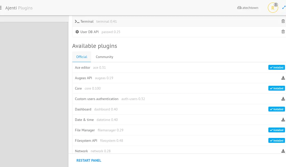 Ajenti plugins screen