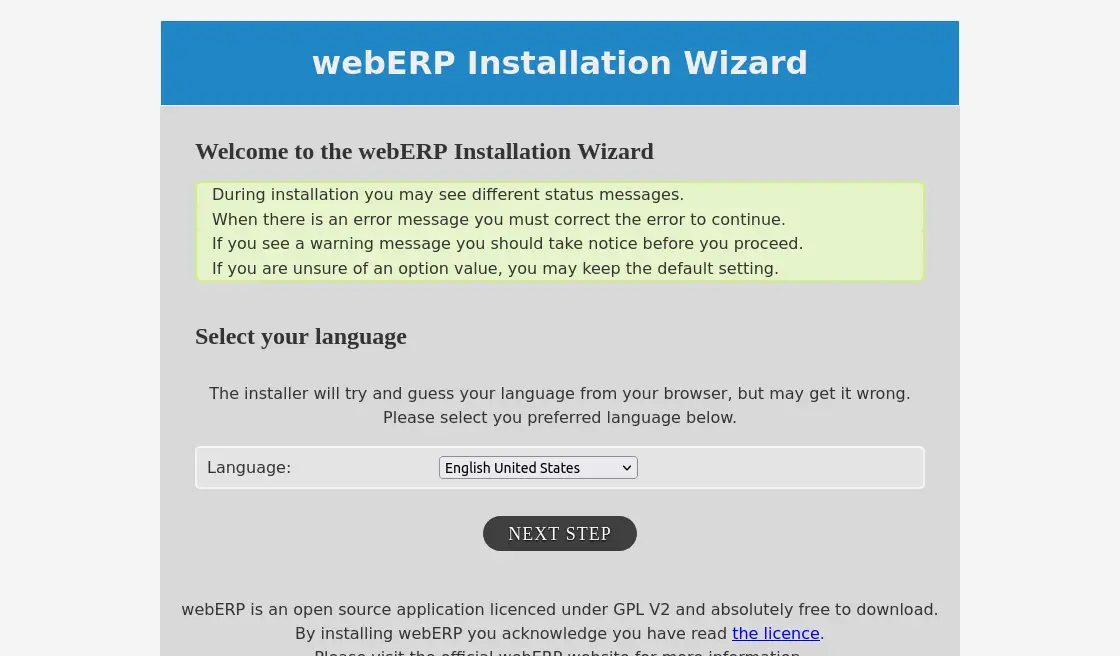 WebERP welcome screen
