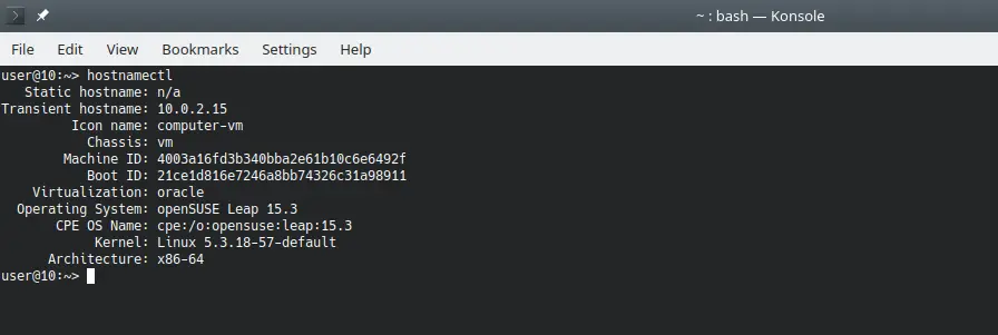 Using the hostnamectl command to find the openSUSE version